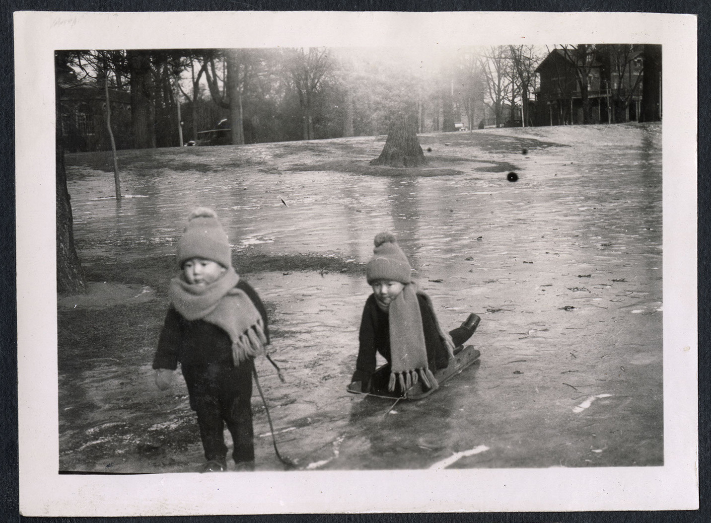 Two little children playing with a sled
