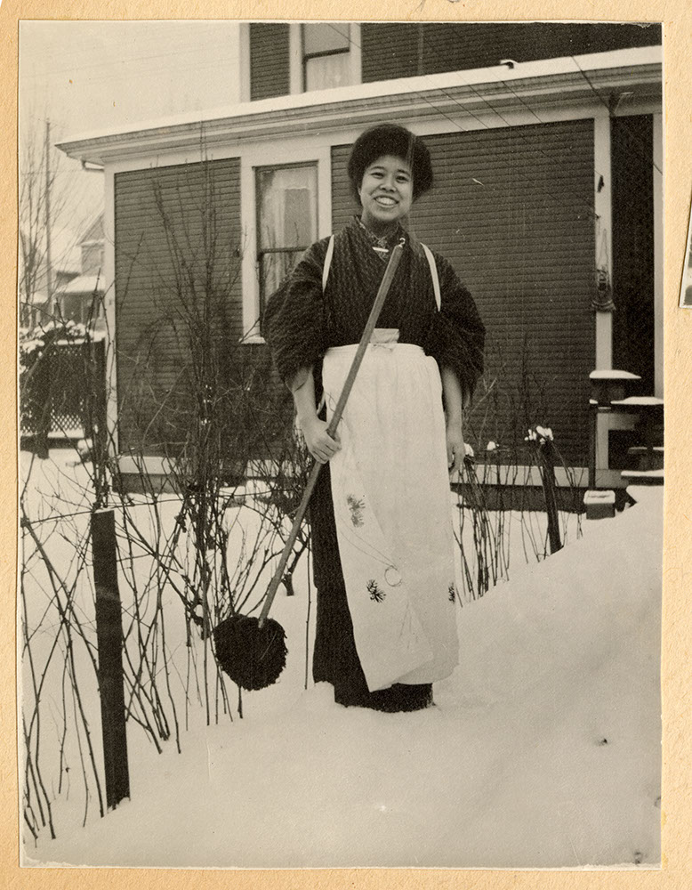 Tadako Hibi in back yard of the missionary residence