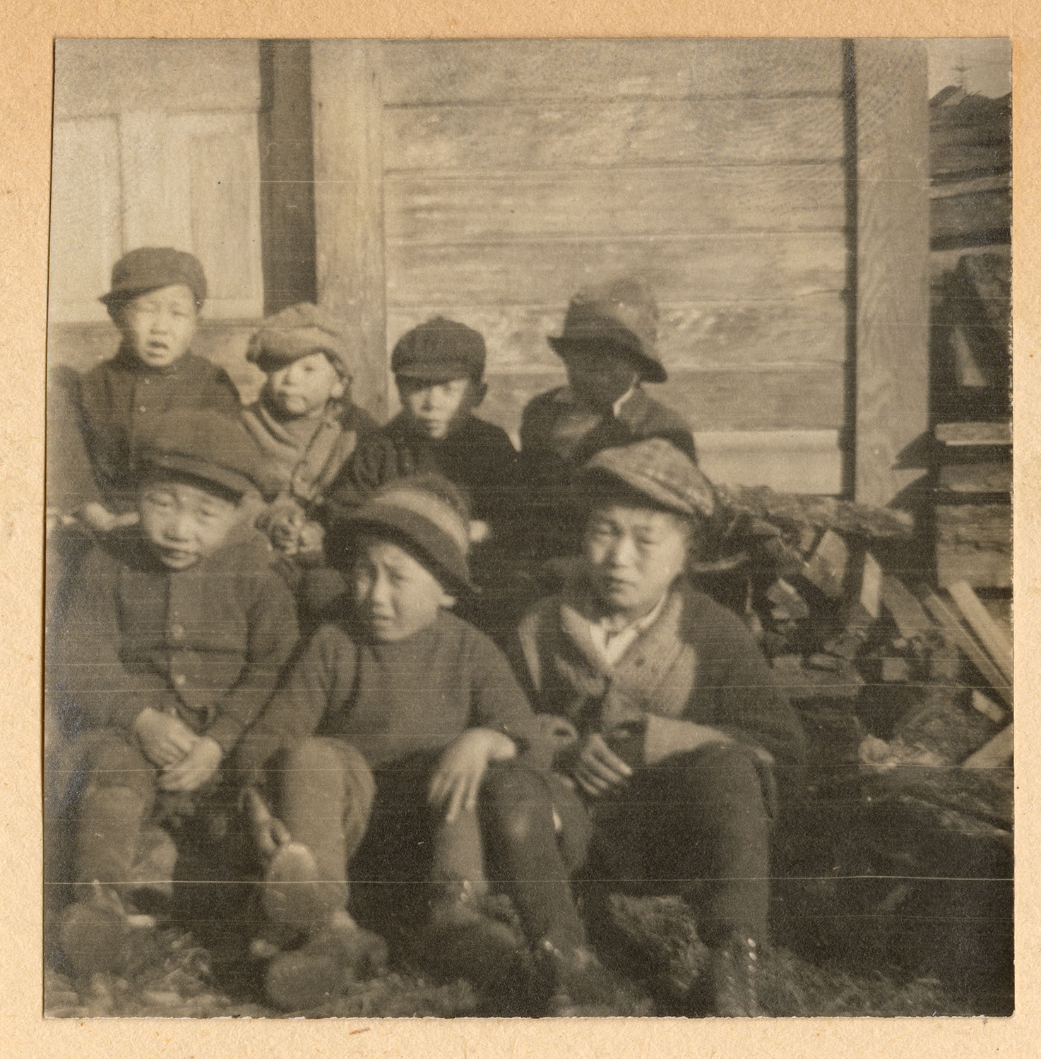 Seven little boys by a cottage
